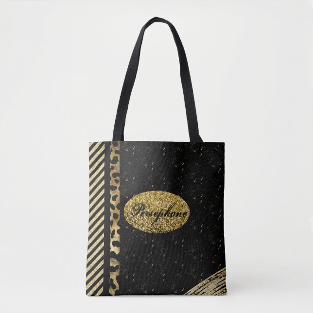 Bolsa Tote Brilho falso glamoroso com preto e dourado (Frente)
