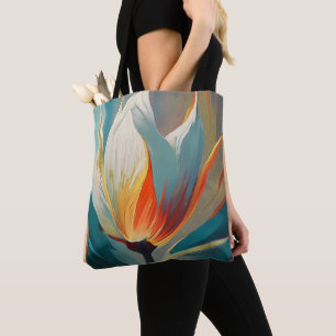 Bolsa Tote Brilho Floral Abstrato em Turquesa e Laranja