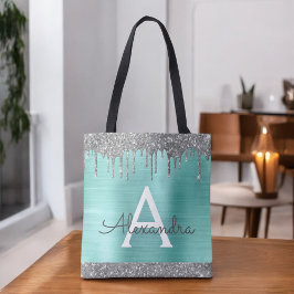 Bolsa Tote Brilho Prateado Água Turquesa Elegante Monograma