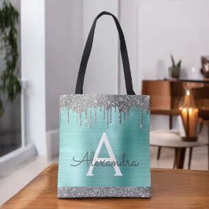 Bolsa Tote Brilho Prateado Água Turquesa Elegante Monograma