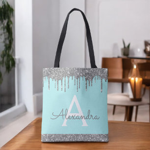 Bolsa Tote Brilho Prateado Água Turquesa Monograma Elegante 
