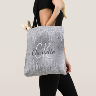 Bolsa Tote Brilho prateado escorre monograma glamour