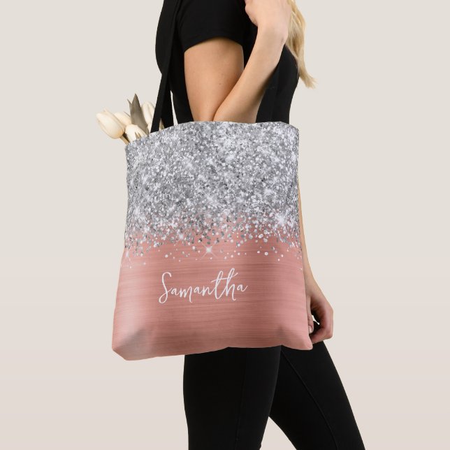 Bolsa Tote Brilho Prateado Rosa Pêssego Glam Nome (Close Up)