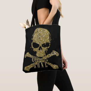 Bolsa Tote Brilho Preto Glam até os Ossos Caveira Beleza Bril