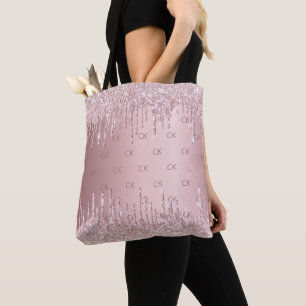 Bolsa Tote Brilho rosa monograma elegante com gotas