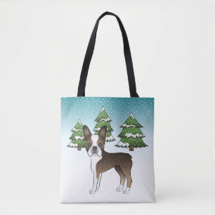 Bolsa Tote Brindle Boston Terrier Em Uma Floresta De Inverno