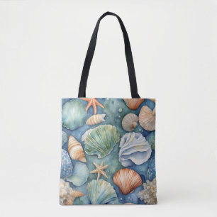 Bolsa Tote Brisa Oceânica Aquarela: Concha e Estrela-do-Mar