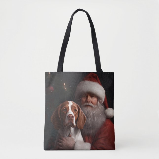 Bolsa Tote Brittany Spaniel Com Papai Noel Natal (Frente)