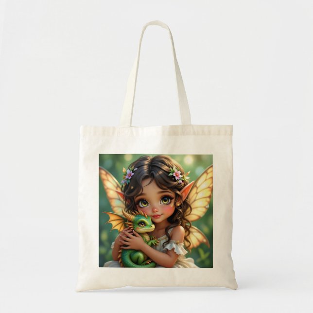 Bolsa Tote Brown Eyed Elven Fairy and Dragon  (Frente)