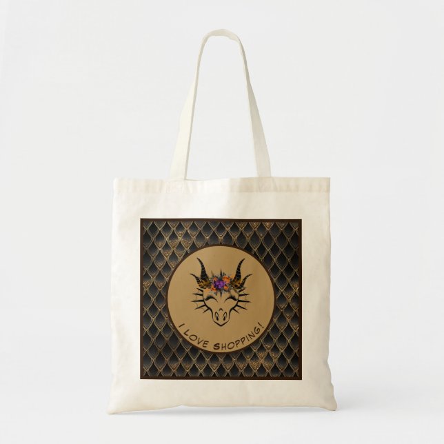 Bolsa Tote Brown I Love Comprando Cabeça de Dragão e Escalas (Frente)