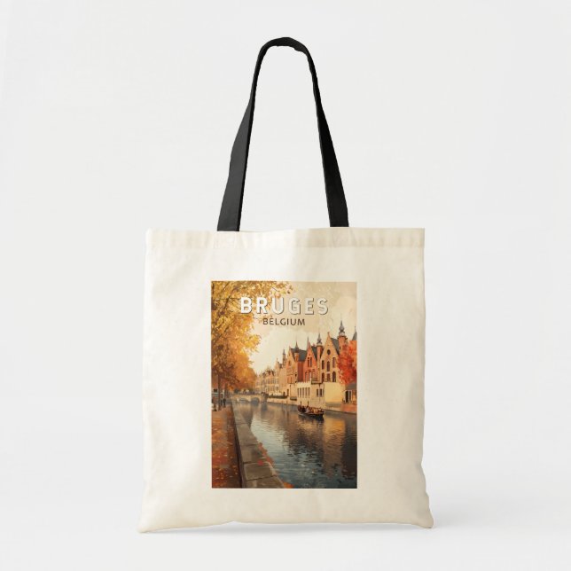 Bolsa Tote Bruges Belgium Illustration Viagem Art Vintage (Frente)