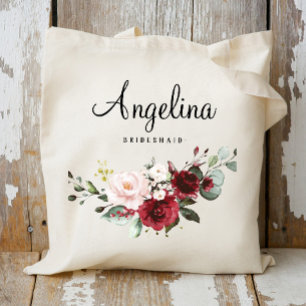 Bolsa Tote Brurgundy Floral Bridesmaid Personalizada