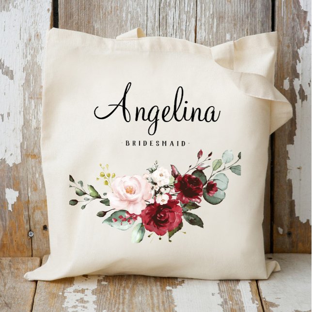 Bolsa Tote Brurgundy Floral Bridesmaid Personalizada (Criador carregado)