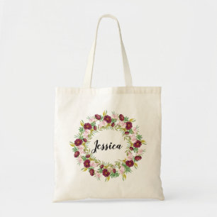 Bolsa Tote Brurgundy Peony Wreath Personalizada Bridesmaid