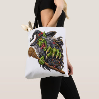 Bolsa Tote BRUXA ASSUSTADORA com Vassoura e Gato Preto