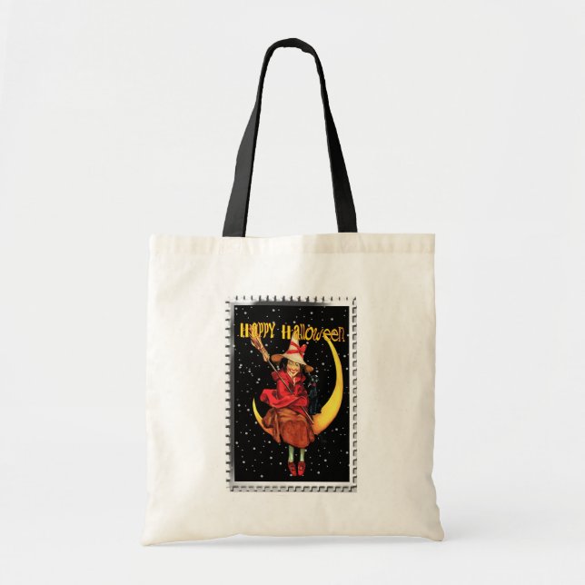 Bolsa Tote Bruxa Boa de Halloween Nostálgica e seu Gato (Frente)