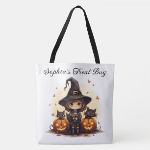 Bolsa Tote Bruxa Bonita com Gatos Pretos e Pumpkins