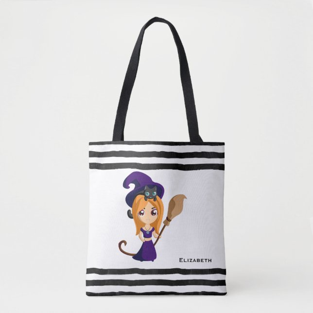Bolsa Tote Bruxa Bonita no Halloween do Chapéu Roxo (Frente)