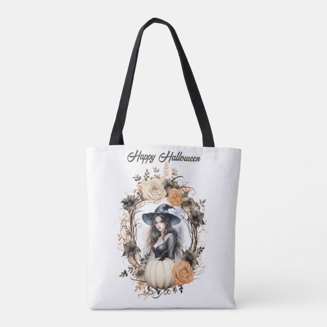 Bolsa Tote Bruxa bonito no Halloween Wreath (Verso)