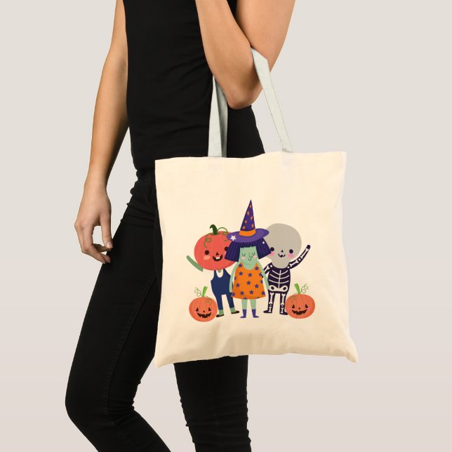 Bolsa Tote Bruxa Branca de Halloween, Esqueleto, Abóboras (Frente (produto))
