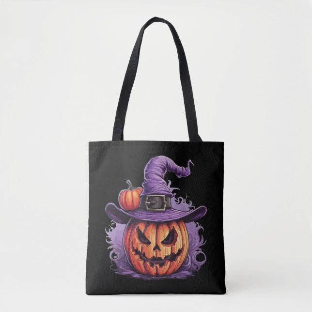 Bolsa Tote Bruxa de Abóbora Assombrada (Frente)
