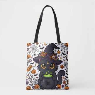 Bolsa Tote Bruxa de Flor de Halloween Gato Abóbora Doces ou T