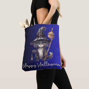 Bolsa Tote Bruxa de Gato Preto Chapéu Vassoura Azul Feliz Hal