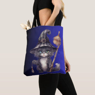 Bolsa Tote Bruxa de Gato Preto Chapéu Vassoura Azul Ombre Hal