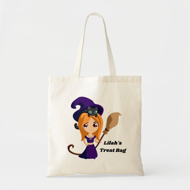 Bolsa Tote Bruxa de Halloween com Gato Negro (Frente)