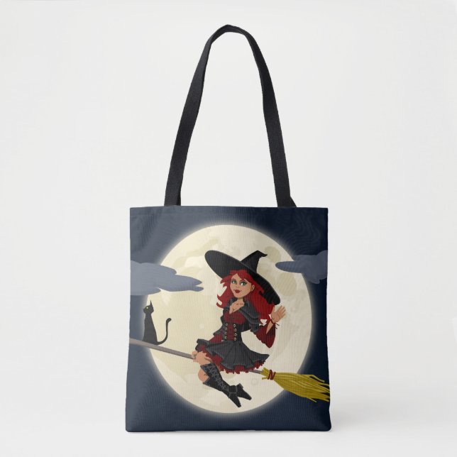 Bolsa Tote Bruxa de Halloween, Gato e Lua (Frente)