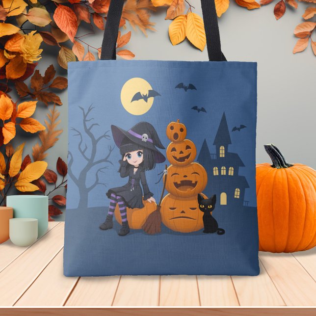 Bolsa Tote Bruxa de Halloween, Gato Negro e Abóboras (Criador carregado)