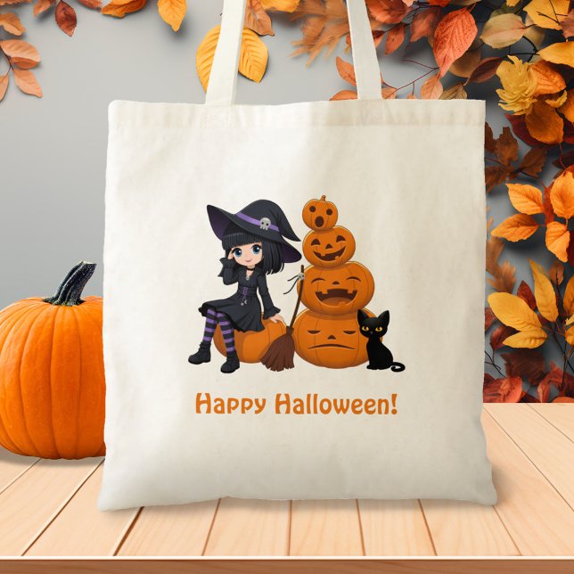 Bolsa Tote Bruxa de Halloween, Gato Preto e Abóboras (Criador carregado)
