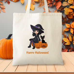 Bolsa Tote Bruxa de Halloween, Gato Preto e Abóboras Curvadas