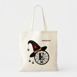 Bolsa Tote Bruxa de Halloween Monograma de Aranha com Nome Pe