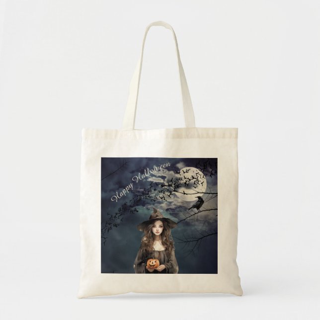 Bolsa Tote Bruxa de Halloween na Lua (Frente)