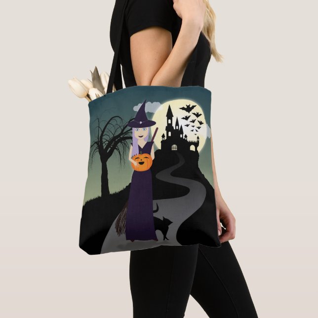 Bolsa Tote Bruxa de Halloween, Pumpkin Feliz e Gato Negro (Close Up)