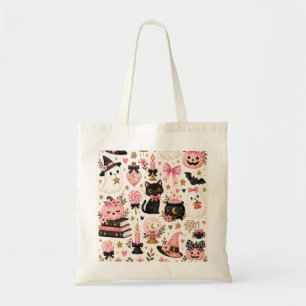 Bolsa Tote Bruxa de Halloween Rosa Fantasmas Fofos Gato Preto