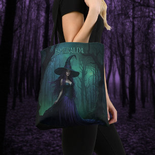 Bolsa Tote Bruxa de Halloween Wicked em Purple and Black Name