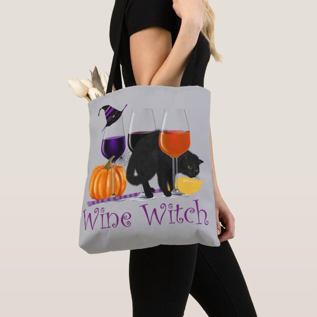Bolsa Tote Bruxa de Vinho de Halloween Gato Preto (Close Up)