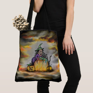 Bolsa Tote Bruxa e gato preto, Feliz Halloween!