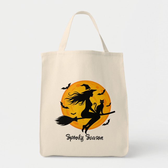 Bolsa Tote Bruxa e Gato Preto Voando Através da Lua Cheia (Frente)