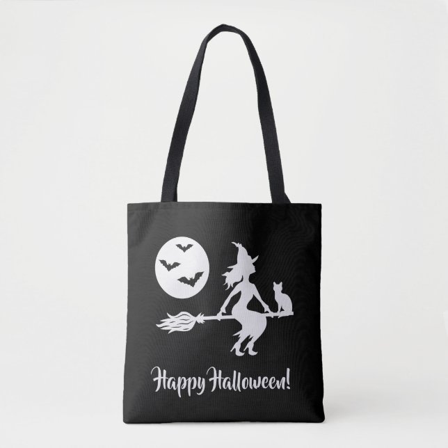 Bolsa Tote Bruxa Em Um Feliz Dia das Bruxas Branca E Preta (Frente)