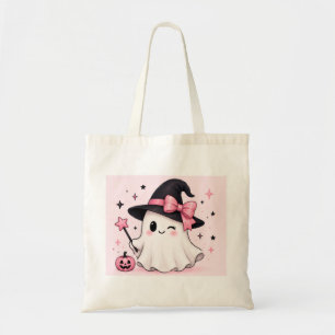 Bolsa Tote Bruxa Fantasma Coquette com Laço Rosa de Halloween