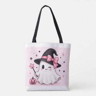 Bolsa Tote Bruxa Fantasma Coquette com Laço Rosa de Halloween
