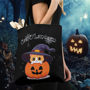 Bolsa Tote Bruxa Gatinha Ruiva Fofa no Jack-O-Lantern de Hall