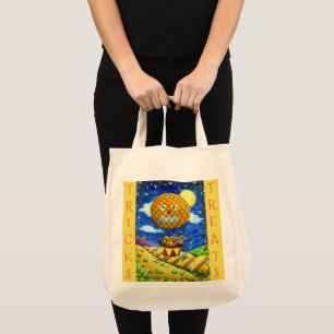 BOLSA TOTE BRUXA, GATO PRETO EM BALÃO DE AR FOLK ART HUMOR