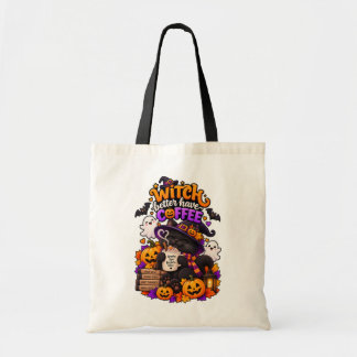 Bolsa Tote Bruxa Melhor Ter Meu Café Gatinho Fofo de Hallowee