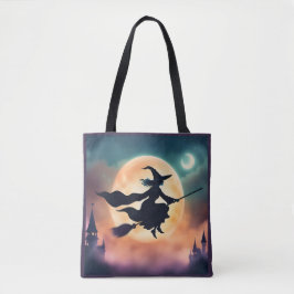 Bolsa Tote Bruxa na vassoura de Halloween