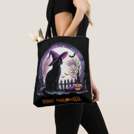 Bolsa Tote Bruxa Negra de Gato e Morcegos do Halloween