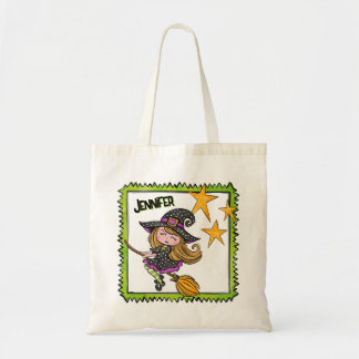 Bolsa Tote Bruxa Personalizada de Halloween Menina na Vassour